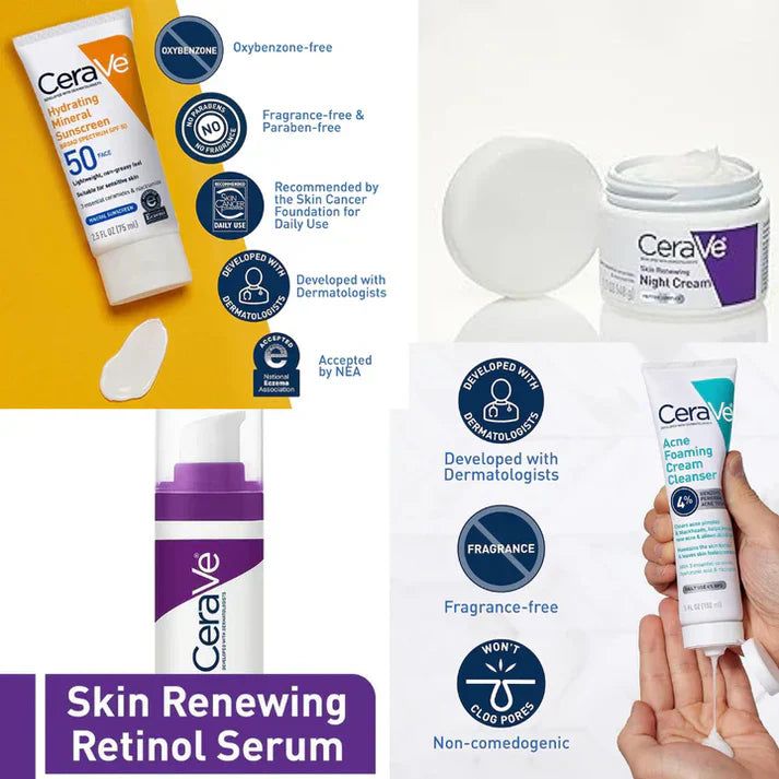 Cerave 4 In 1 Skincare Kit Night Cream, Sunblock, Cleanser