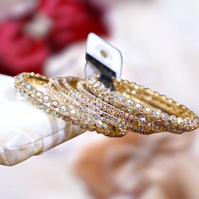 6 Pcs Gold Plated Turkish Design Kara Bangles with Crystal Accents